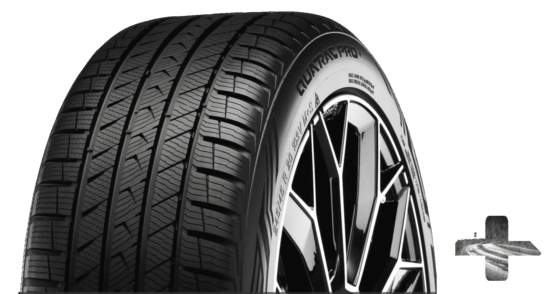 Vista lateral parcial y frontal del neumático con el símbolo de “Quatrac Pro+” visible, con un símbolo de signo más, que muestra un camino con lluvia en la esquina inferior derecha.